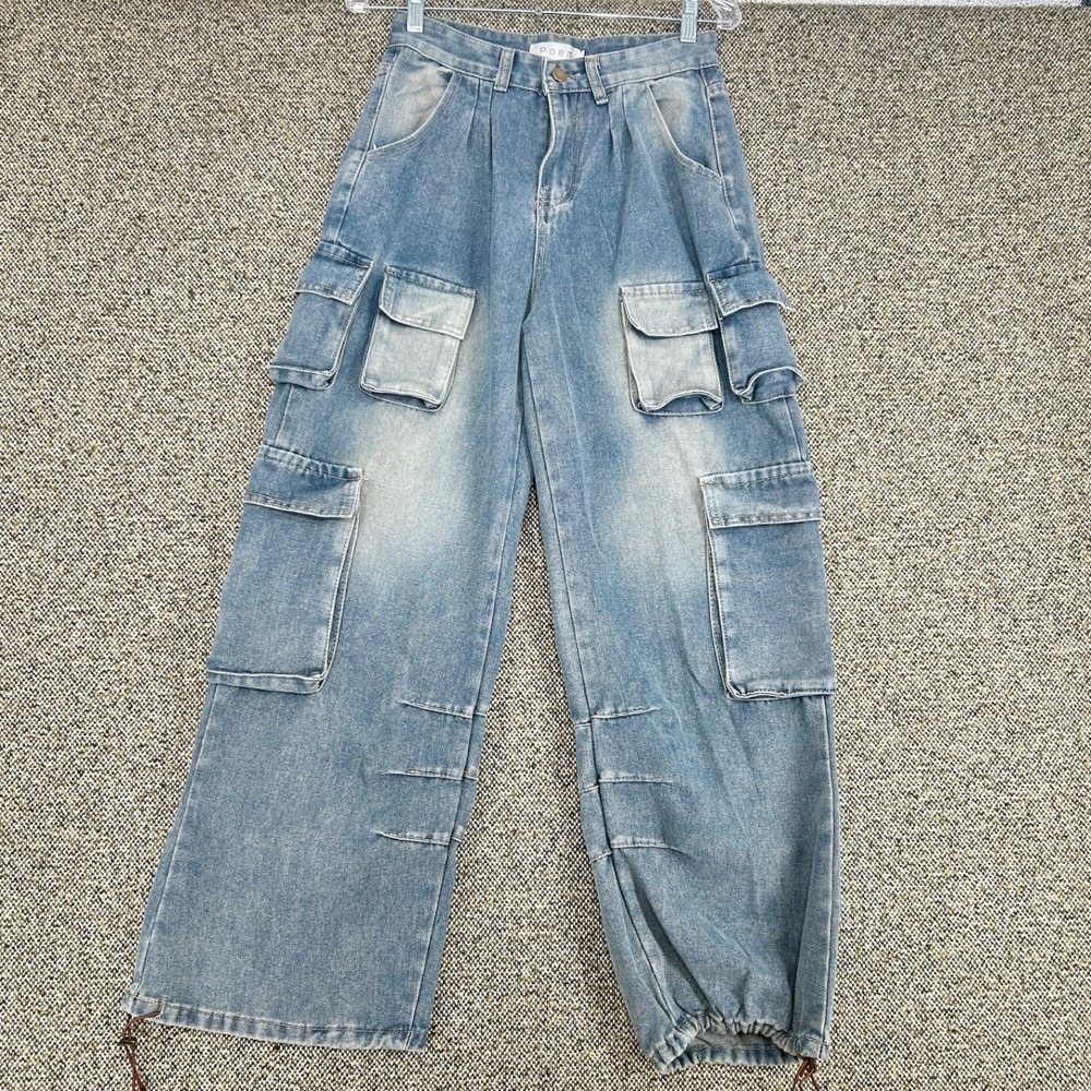 Y2K Style Poem Cargo Jeans Wide Leg Multi Pocket Faded Denim Blue Medium B226